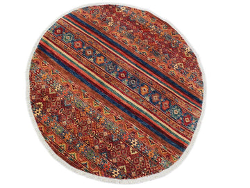 handmade Geometric Khurgeen Blue Peach Hand Knotted ROUND 100% WOOL area rug 5x5